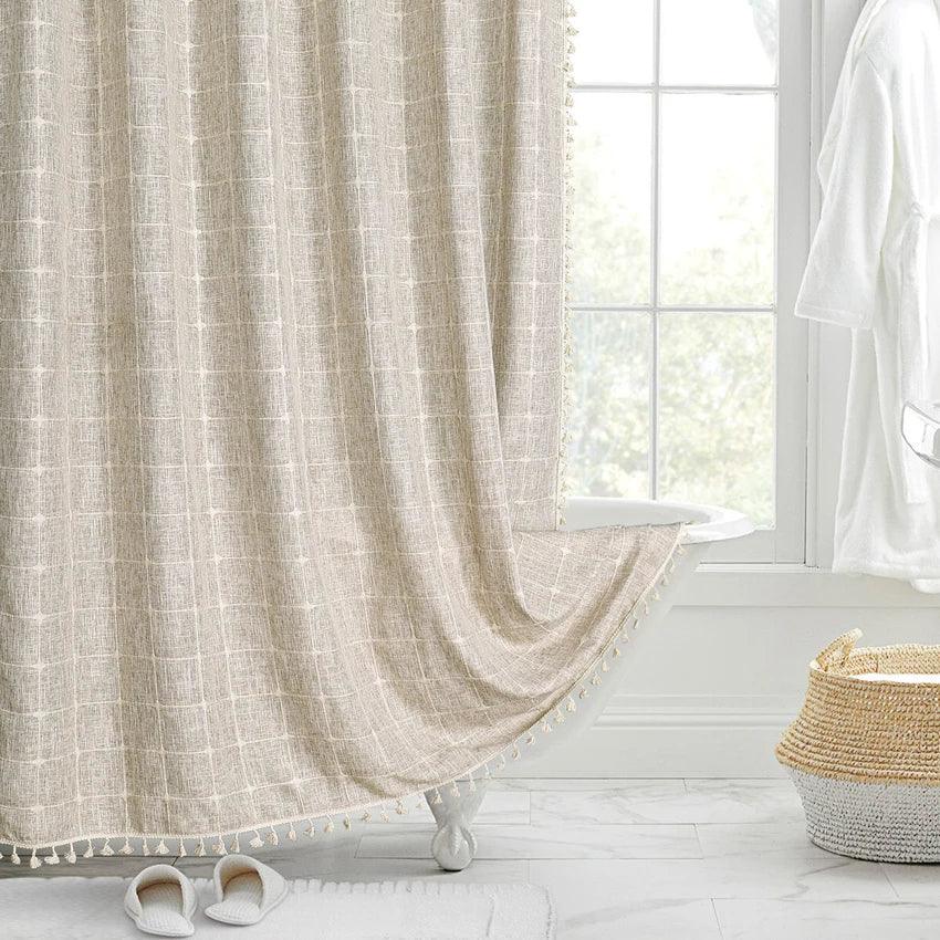 Modern Jacquard Linen Shower Curtain with Tassels (1 pcs) │ For Nordic Style Bathroom Decor - Besontique