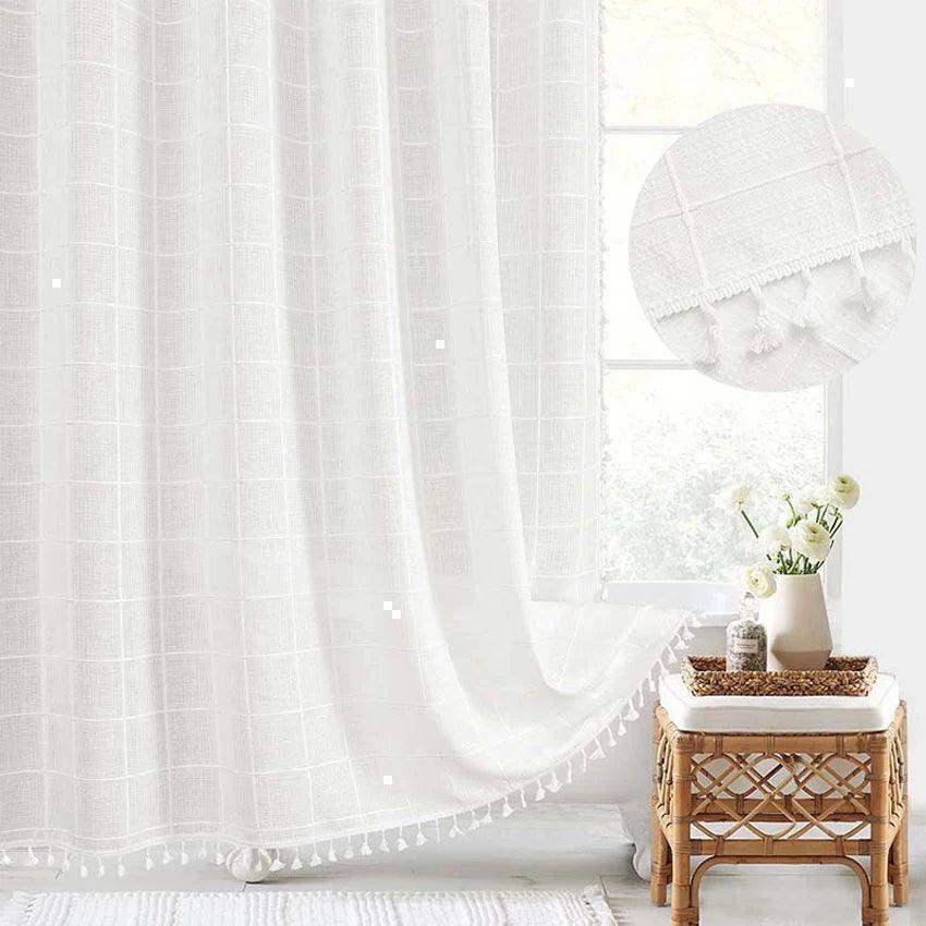 Modern Jacquard Linen Shower Curtain with Tassels (1 pcs) │ For Nordic Style Bathroom Decor - Besontique Home