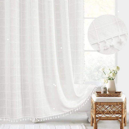 Modern Jacquard Linen Shower Curtain with Tassels (1 pcs) │ For Nordic Style Bathroom Decor - Besontique Home