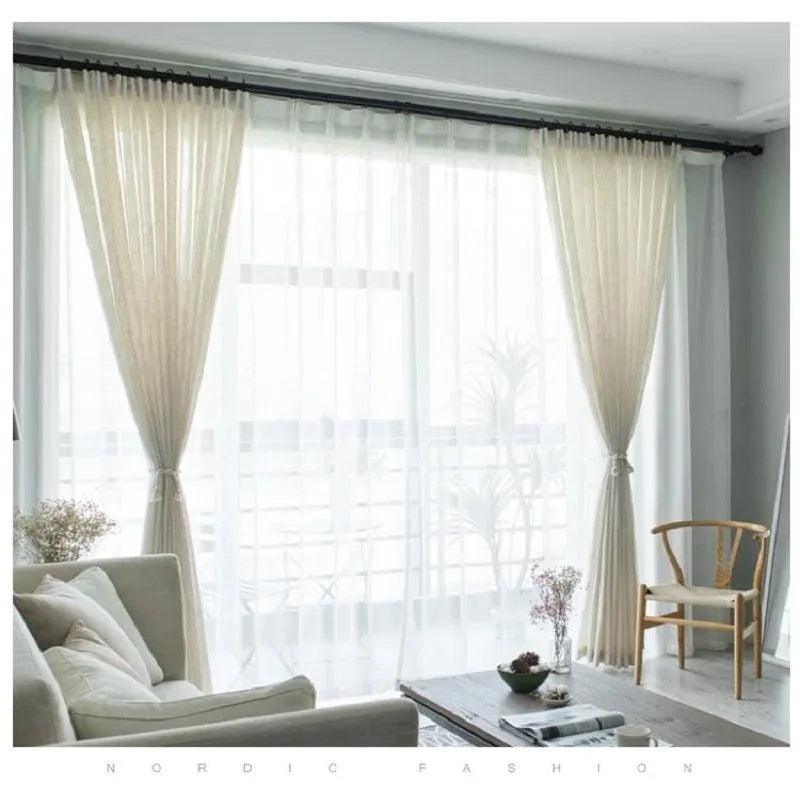 Modern Linen Ivory White Tulle Curtain │ Japanese style Thicken sheer Shading Window Drapes - Besontique Home