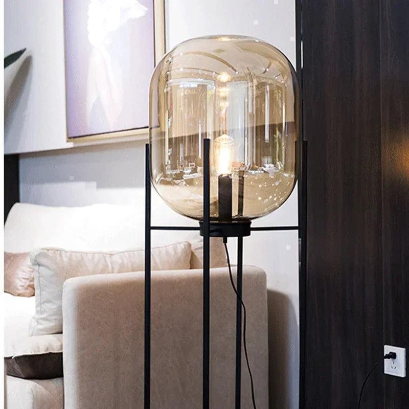 Modern Nordic Clear Glass Floor Lamp Light (Amber/Transparent/Grey) │ Industrial LED Living Bedroom Decor Big Lighting Lamp - Besontique Home