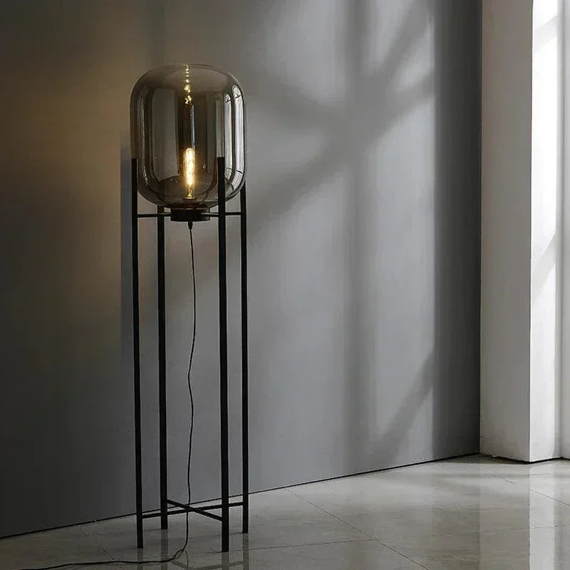 Modern Nordic Clear Glass Floor Lamp Light (Amber/Transparent/Grey) │ Industrial LED Living Bedroom Decor Big Lighting Lamp - Besontique Home