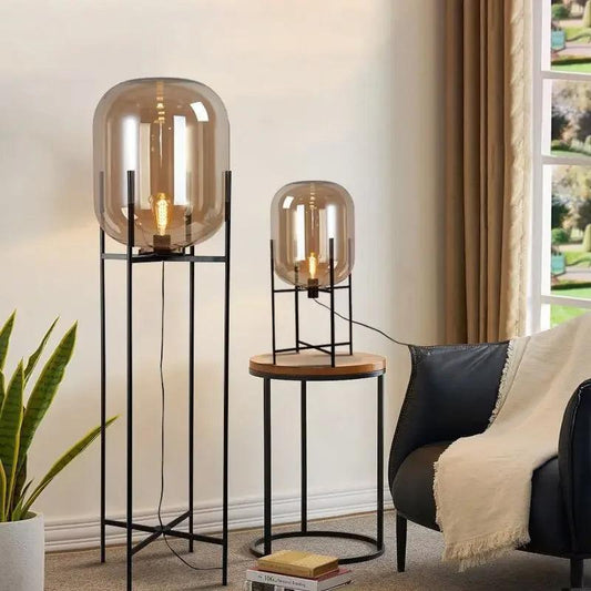 Modern Nordic Clear Glass Floor Lamp Light (Amber/Transparent/Grey) │ Industrial LED Living Bedroom Decor Big Lighting Lamp - Besontique Home