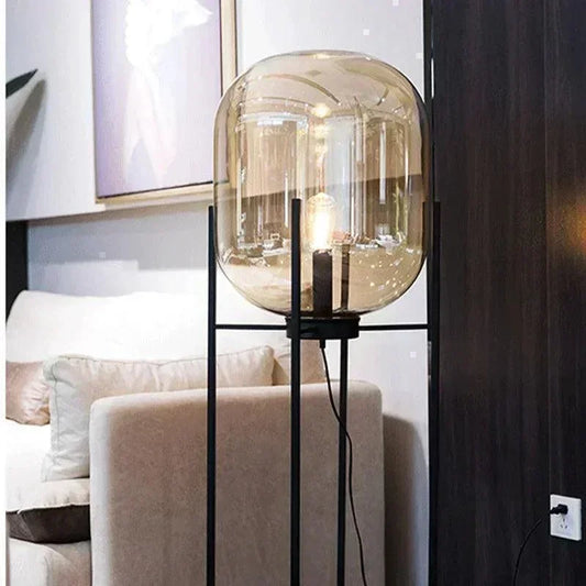 Modern Nordic Clear Glass Floor Lamp Light (Amber/Transparent/Grey) │ Industrial LED Living Bedroom Decor Big Lighting Lamp - Besontique Home
