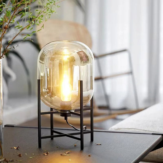 Modern Nordic Clear Glass Table Lamp Light (Amber/Transparent/Grey) │ Industrial LED Living Bedroom Decor Lighting Desk Lamp - Besontique