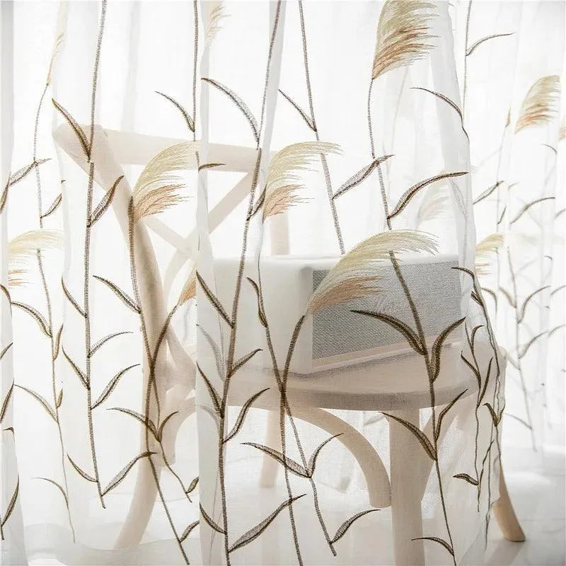 Modern Reed Leaf Embroidered Tulle Curtain │ Modern Transparent White Yarn Curtain - Besontique