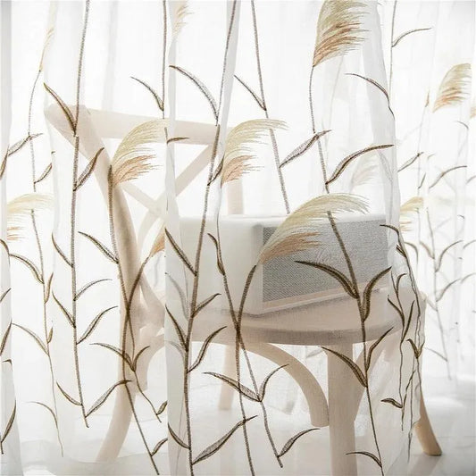 Modern Reed Leaf Embroidered Tulle Curtain │ Modern Transparent White Yarn Curtain - Besontique