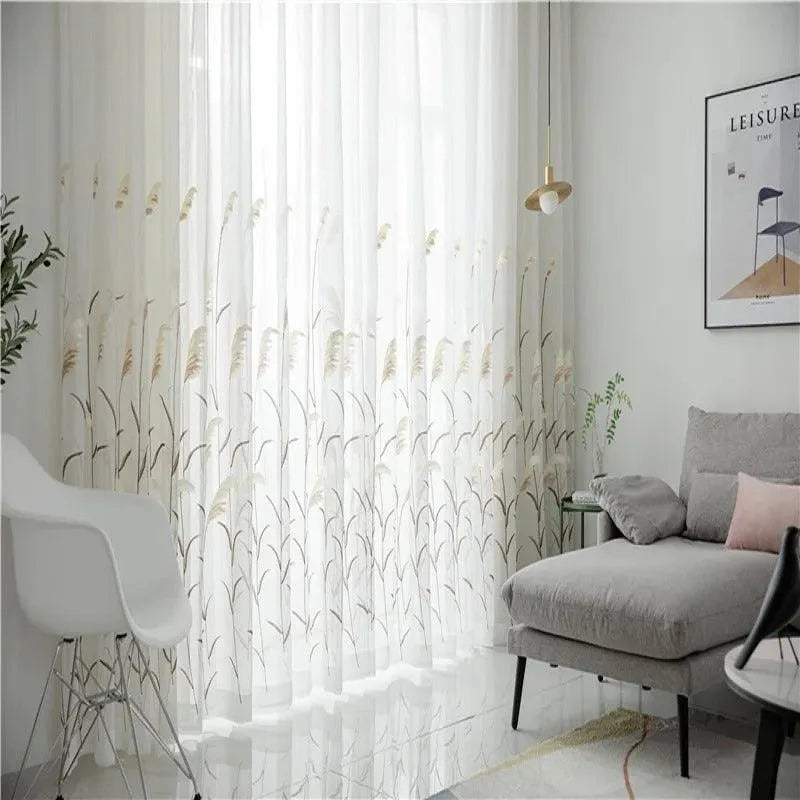 Modern Reed Leaf Embroidered Tulle Curtain │ Modern Transparent White Yarn Curtain - Besontique