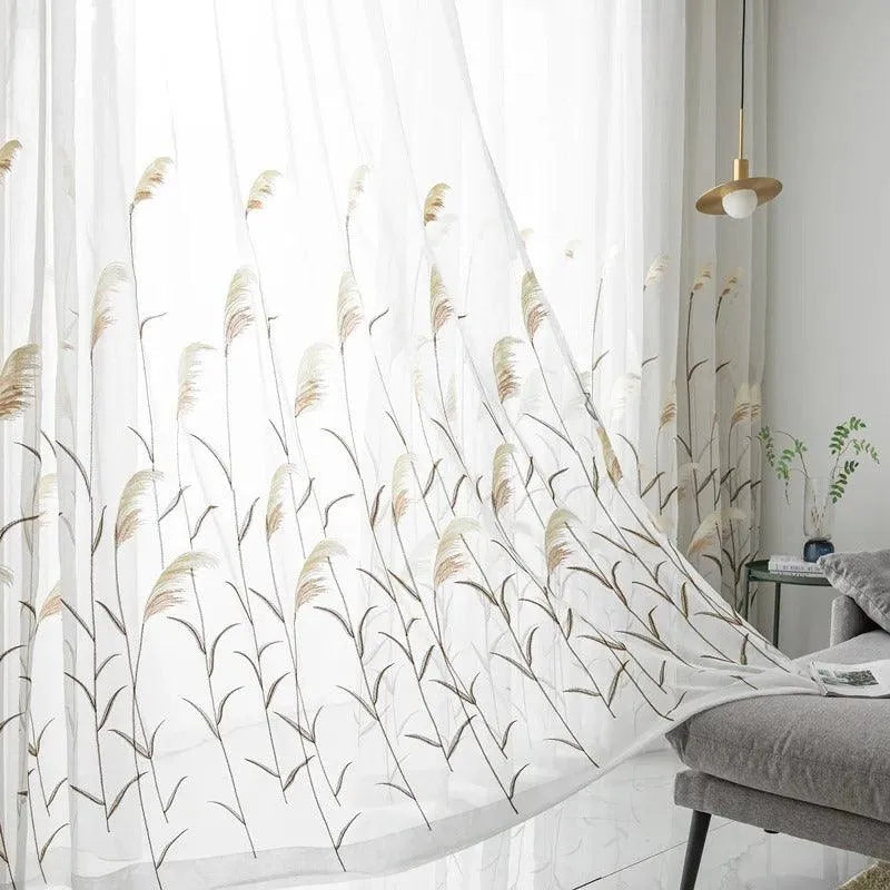 Modern Reed Leaf Embroidered Tulle Curtain │ Modern Transparent White Yarn Curtain - Besontique