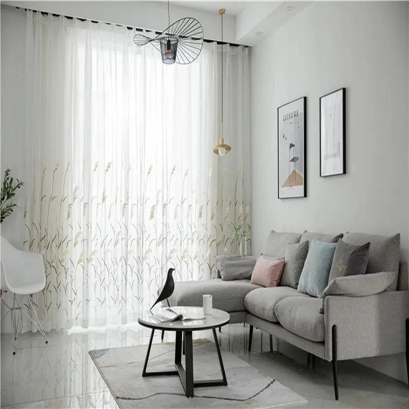 Modern Reed Leaf Embroidered Tulle Curtain │ Modern Transparent White Yarn Curtain - Besontique