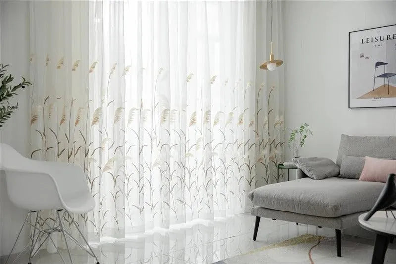 Modern Reed Leaf Embroidered Tulle Curtain │ Modern Transparent White Yarn Curtain - Besontique