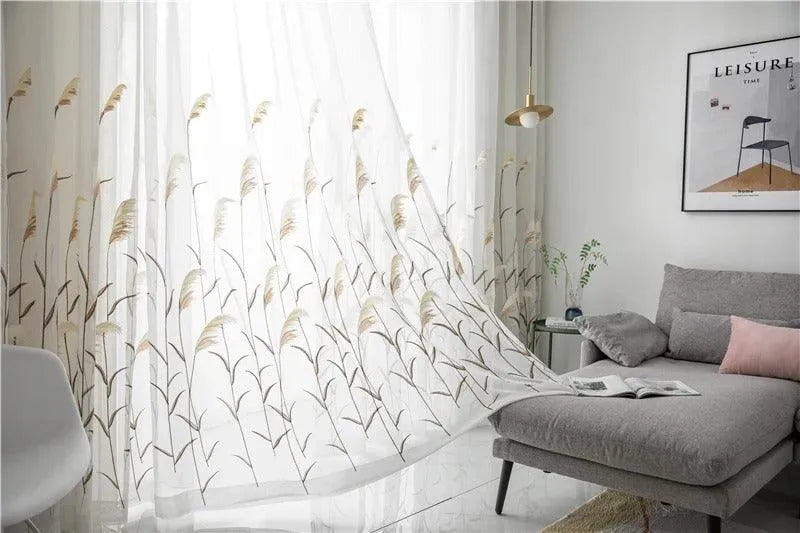 Modern Reed Leaf Embroidered Tulle Curtain │ Modern Transparent White Yarn Curtain - Besontique