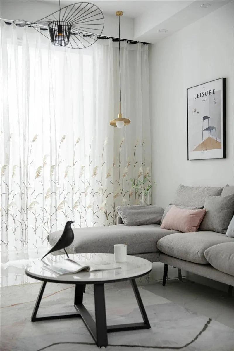 Modern Reed Leaf Embroidered Tulle Curtain │ Modern Transparent White Yarn Curtain - Besontique Home