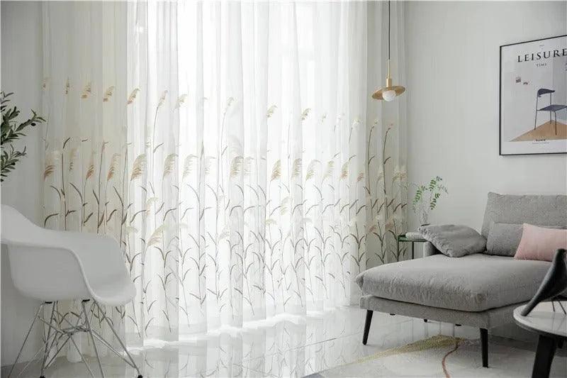 Modern Reed Leaf Embroidered Tulle Curtain │ Modern Transparent White Yarn Curtain - Besontique Home