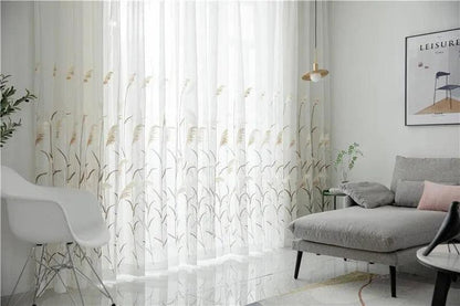 Modern Reed Leaf Embroidered Tulle Curtain │ Modern Transparent White Yarn Curtain - Besontique Home