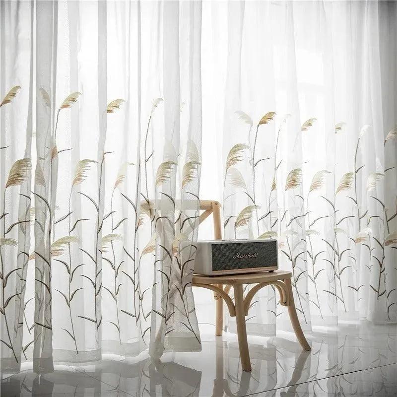 Modern Reed Leaf Embroidered Tulle Curtain │ Modern Transparent White Yarn Curtain - Besontique Home