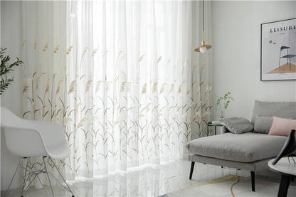 Modern Reed Leaf Embroidered Tulle Curtain │ Modern Transparent White Yarn Curtains - Besontique