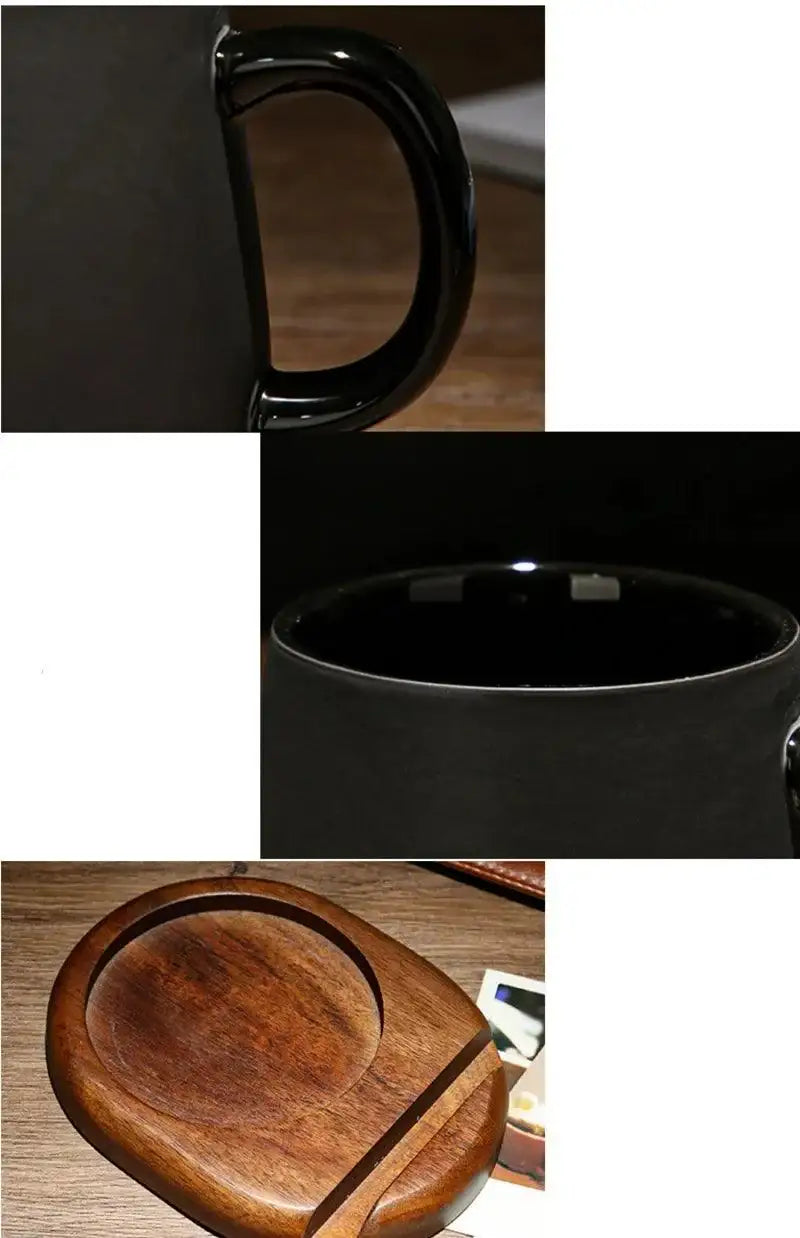 Modern Retro Charcoal Black Ceramic Mug Cup with Spoon Tray │ Classic Simple Minimal Decorative Kitchenware - Besontique Home