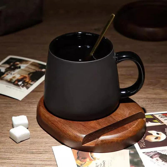 Modern Retro Charcoal Black Ceramic Mug Cup with Spoon Tray │ Classic Simple Minimal Decorative Kitchenware - Besontique Home