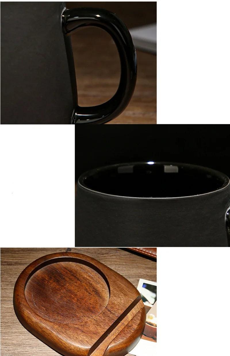 Modern Retro Charcoal Black Ceramic Mug Cup with Spoon Tray │ Classic Simple Minimal Decorative Kitchenware - Besontique Home