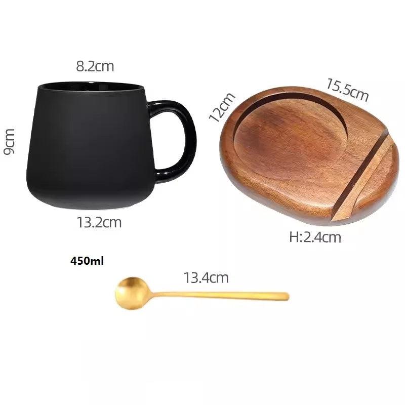 Modern Retro Charcoal Black Ceramic Mug Cup with Spoon Tray │ Classic Simple Minimal Decorative Kitchenware - Besontique Home