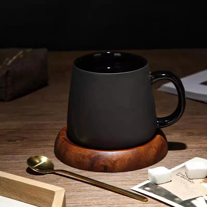 Modern Retro Charcoal Black Ceramic Mug Cup with Spoon Tray │ Classic Simple Minimal Decorative Kitchenware - Besontique Home