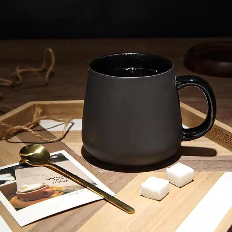 Modern Retro Charcoal Black Ceramic Mug Cup with Spoon Tray │ Classic Simple Minimal Decorative Kitchenware - Besontique Home