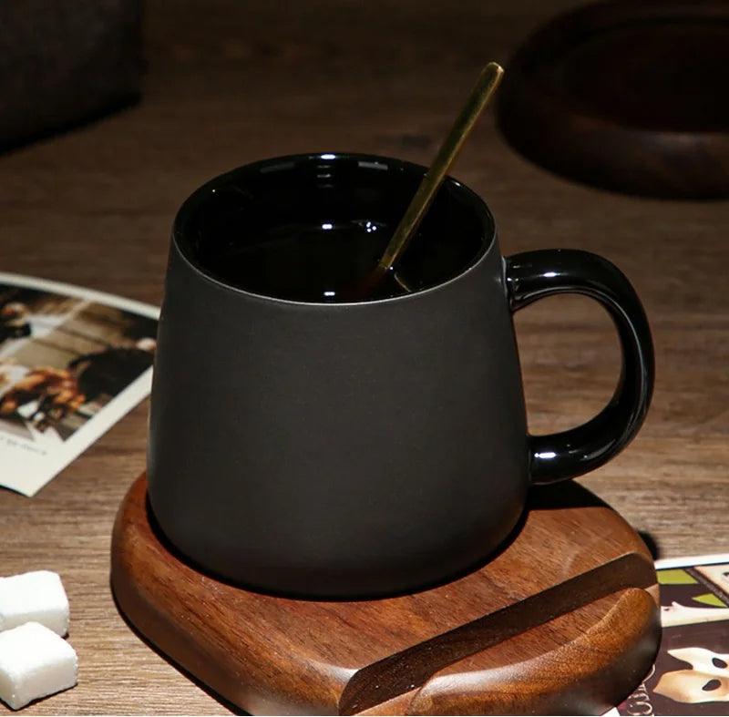 Modern Retro Charcoal Black Ceramic Mug Cup with Spoon Tray │ Classic Simple Minimal Decorative Kitchenware - Besontique Home
