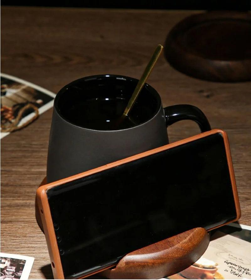Modern Retro Charcoal Black Ceramic Mug Cup with Spoon Tray │ Classic Simple Minimal Decorative Kitchenware - Besontique Home