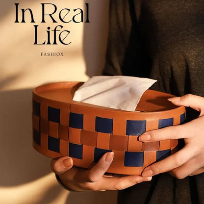 Modern Retro Checkerboard Faux Leather Tissue Box │ Handwoven Brown Blue Leather Napkin Holder Organizer - Besontique