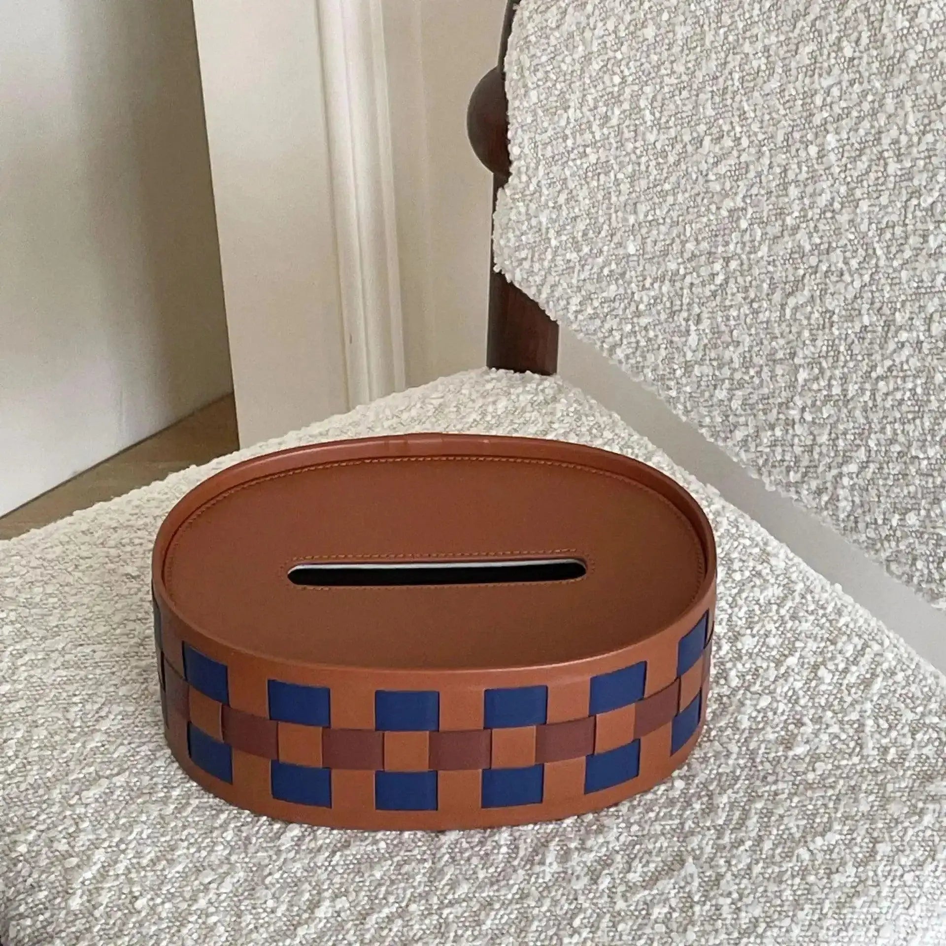 Modern Retro Checkerboard Faux Leather Tissue Box │ Handwoven Brown Blue Leather Napkin Holder Organizer - Besontique Home