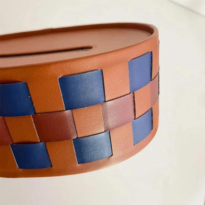 Modern Retro Checkerboard Faux Leather Tissue Box │ Handwoven Brown Blue Leather Napkin Holder Organizer - Besontique Home
