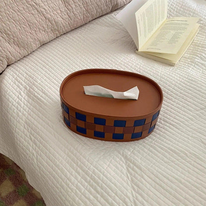 Modern Retro Checkerboard Faux Leather Tissue Box │ Handwoven Brown Blue Leather Napkin Holder Organizer - Besontique Home