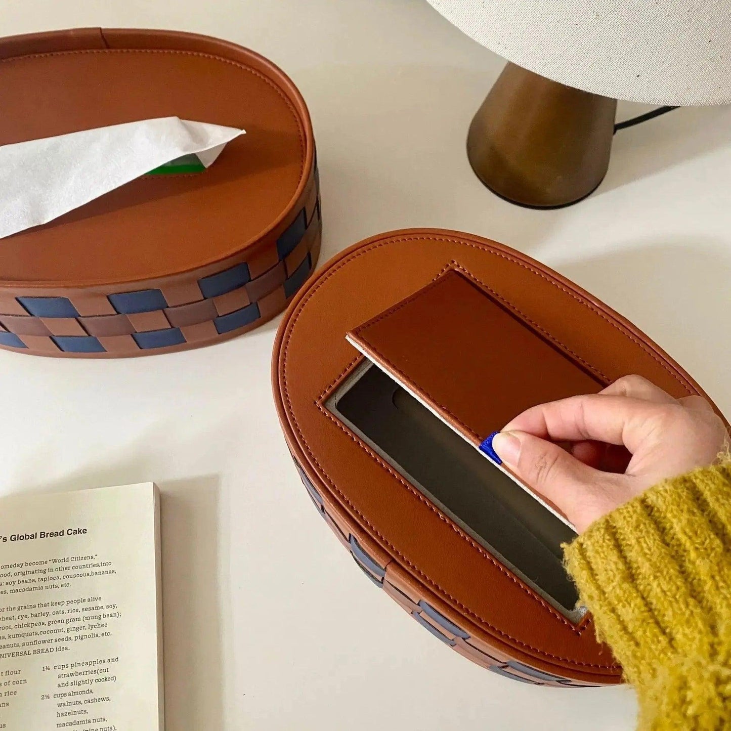 Modern Retro Checkerboard Faux Leather Tissue Box │ Handwoven Brown Blue Leather Napkin Holder Organizer - Besontique Home
