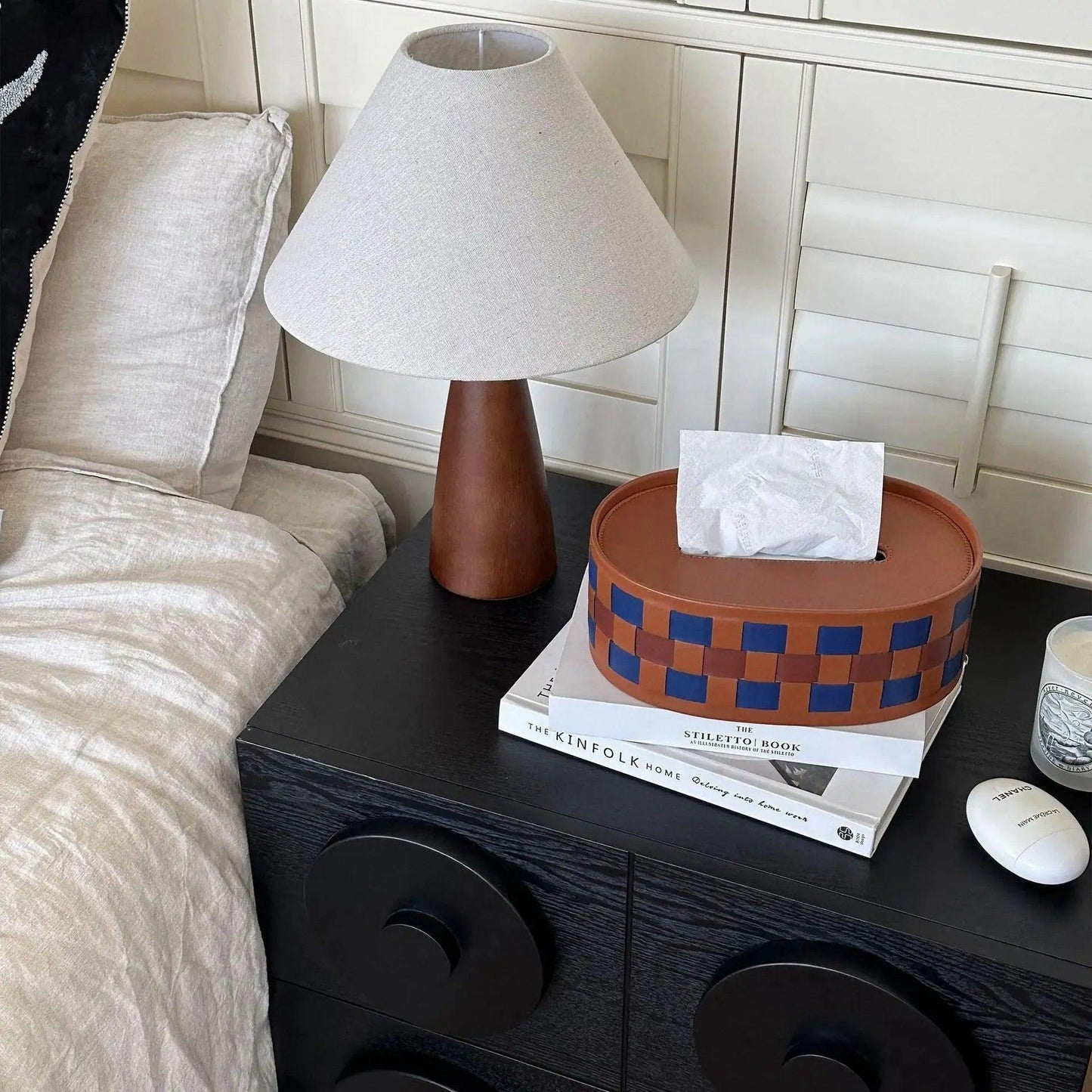 Modern Retro Checkerboard Faux Leather Tissue Box │ Handwoven Brown Blue Leather Napkin Holder Organizer - Besontique Home
