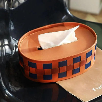 Modern Retro Checkerboard Faux Leather Tissue Box │ Handwoven Brown Blue Leather Napkin Holder Organizer - Besontique Home