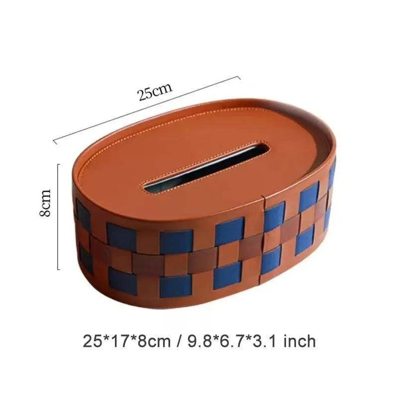 Modern Retro Checkerboard Faux Leather Tissue Box │ Handwoven Brown Blue Leather Napkin Holder Organizer - Besontique Home