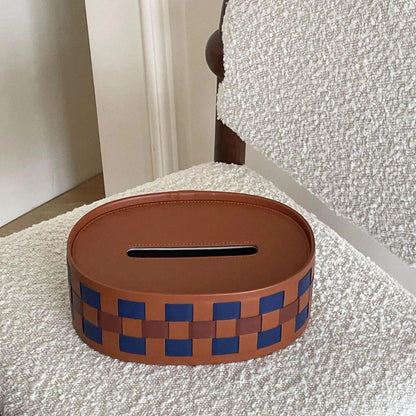 Modern Retro Checkerboard Faux Leather Tissue Box │ Handwoven Brown Blue Leather Napkin Holder Organizer - Besontique Home
