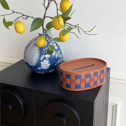 Modern Retro Checkerboard Faux Leather Tissue Box │ Handwoven Brown Blue Leather Napkin Holder Organizer - Besontique Home