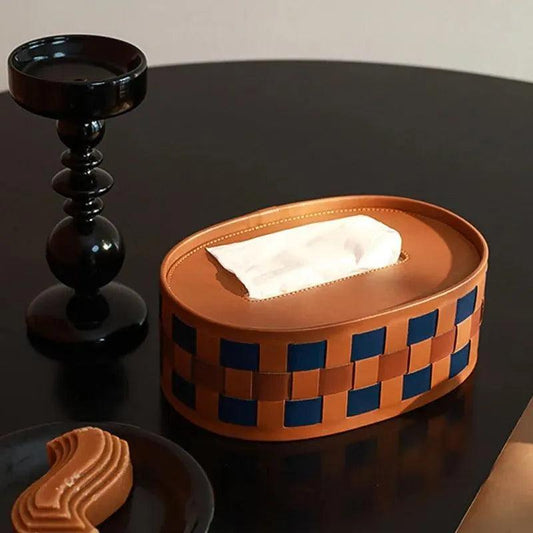Modern Retro Checkerboard Faux Leather Tissue Box │ Handwoven Brown Blue Leather Napkin Holder Organizer - Besontique Home