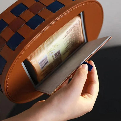 Modern Retro Checkerboard Faux Leather Tissue Box │ Handwoven Brown Blue Leather Napkin Holder Organizer - Besontique Home