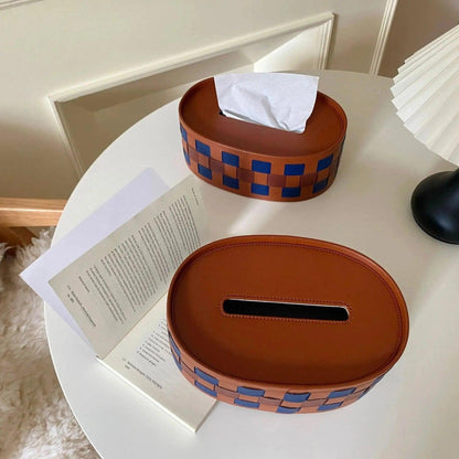 Modern Retro Checkerboard Faux Leather Tissue Box │ Handwoven Brown Blue Leather Napkin Holder Organizer - Besontique Home