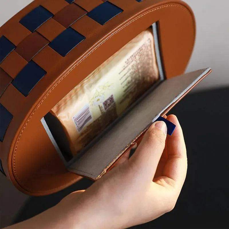 Modern Retro Checkerboard Faux Leather Tissue Box │ Handwoven Brown Blue Leather Napkin Holder Organizer - Besontique Home