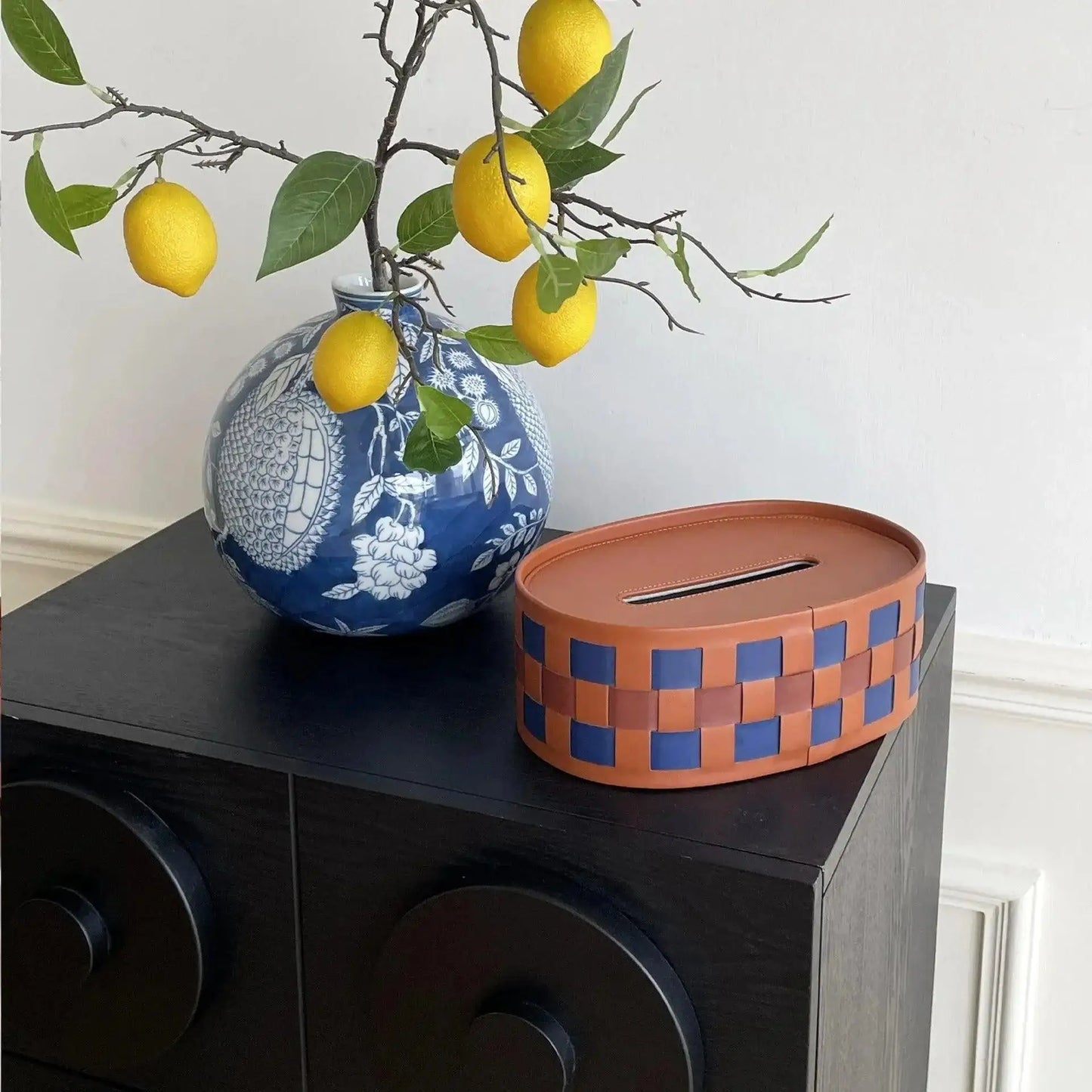 Modern Retro Checkerboard Faux Leather Tissue Box │ Handwoven Brown Blue Leather Napkin Holder Organizer - Besontique Home