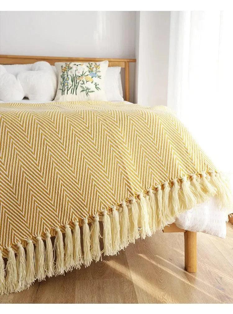 Modern Retro Geometric Knitted Blanket with Tassel │ Nordic Style Plaid Bedspread - Besontique Home
