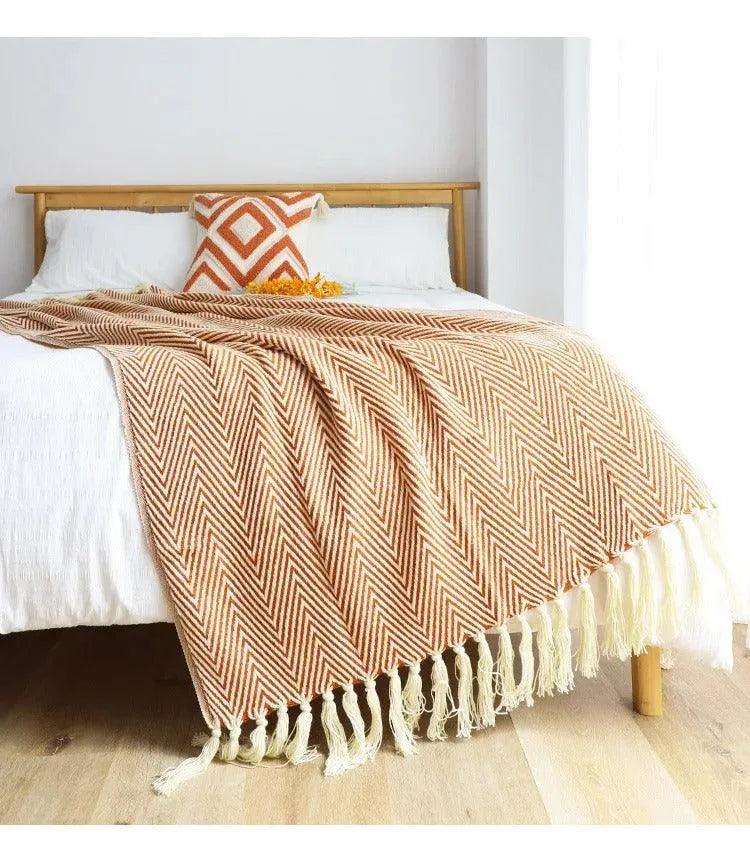 Modern Retro Geometric Knitted Blanket with Tassel │ Nordic Style Plaid Bedspread - Besontique Home