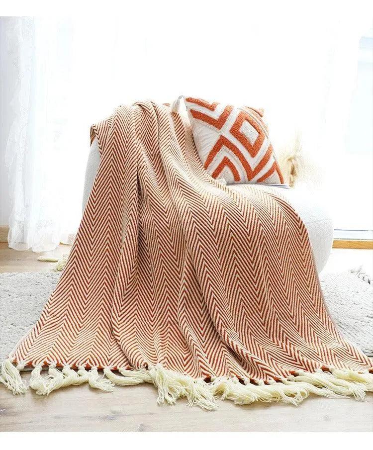 Modern Retro Geometric Knitted Blanket with Tassel │ Nordic Style Plaid Bedspread - Besontique Home