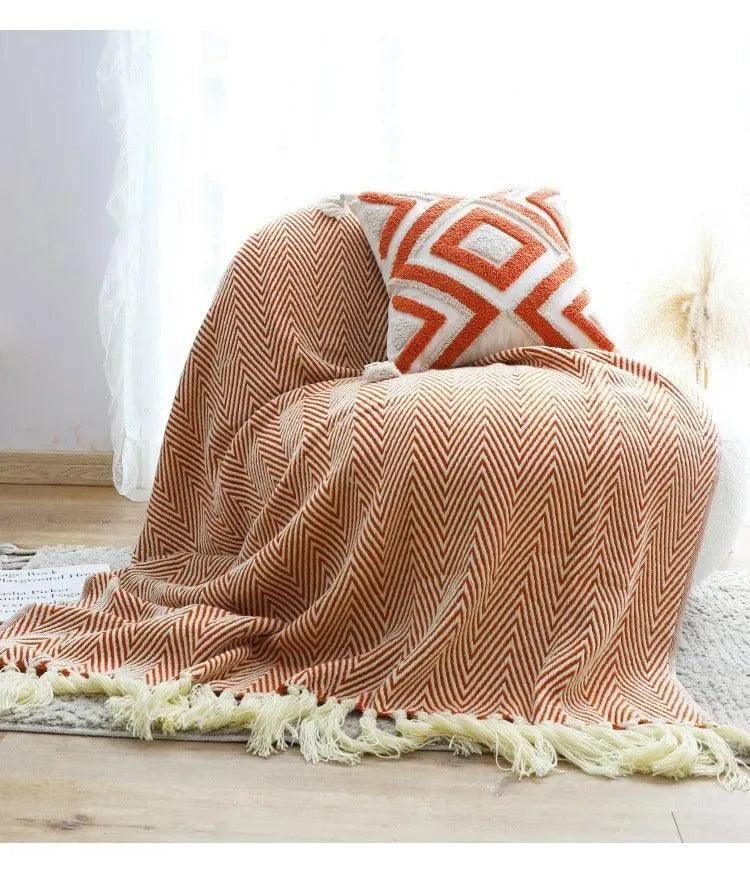 Modern Retro Geometric Knitted Blanket with Tassel │ Nordic Style Plaid Bedspread - Besontique Home