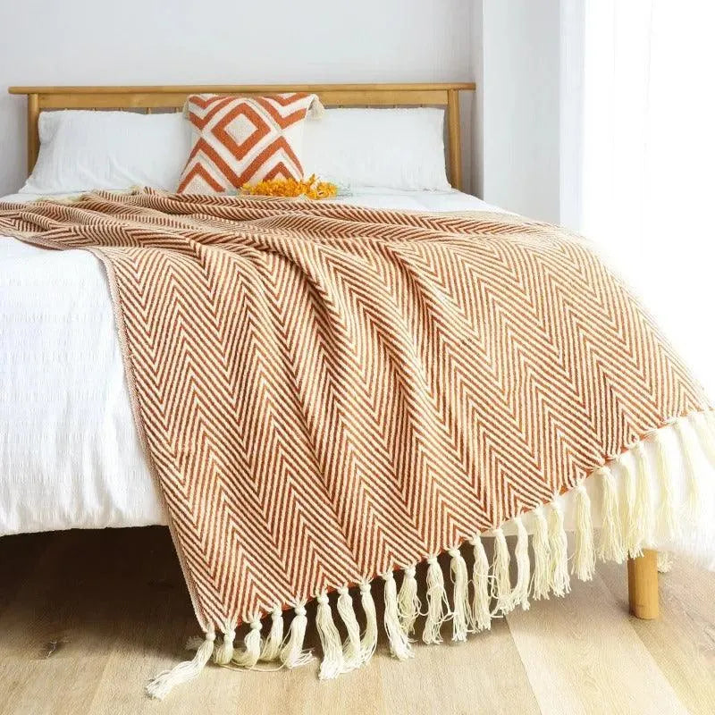 Modern Retro Geometric Knitted Blanket with Tassel │ Nordic Style Plaid Bedspread - Besontique Home