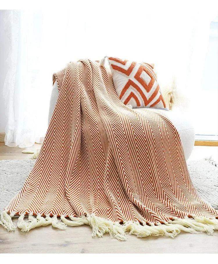 Modern Retro Geometric Knitted Blanket with Tassel │ Nordic Style Plaid Bedspread - Besontique Home
